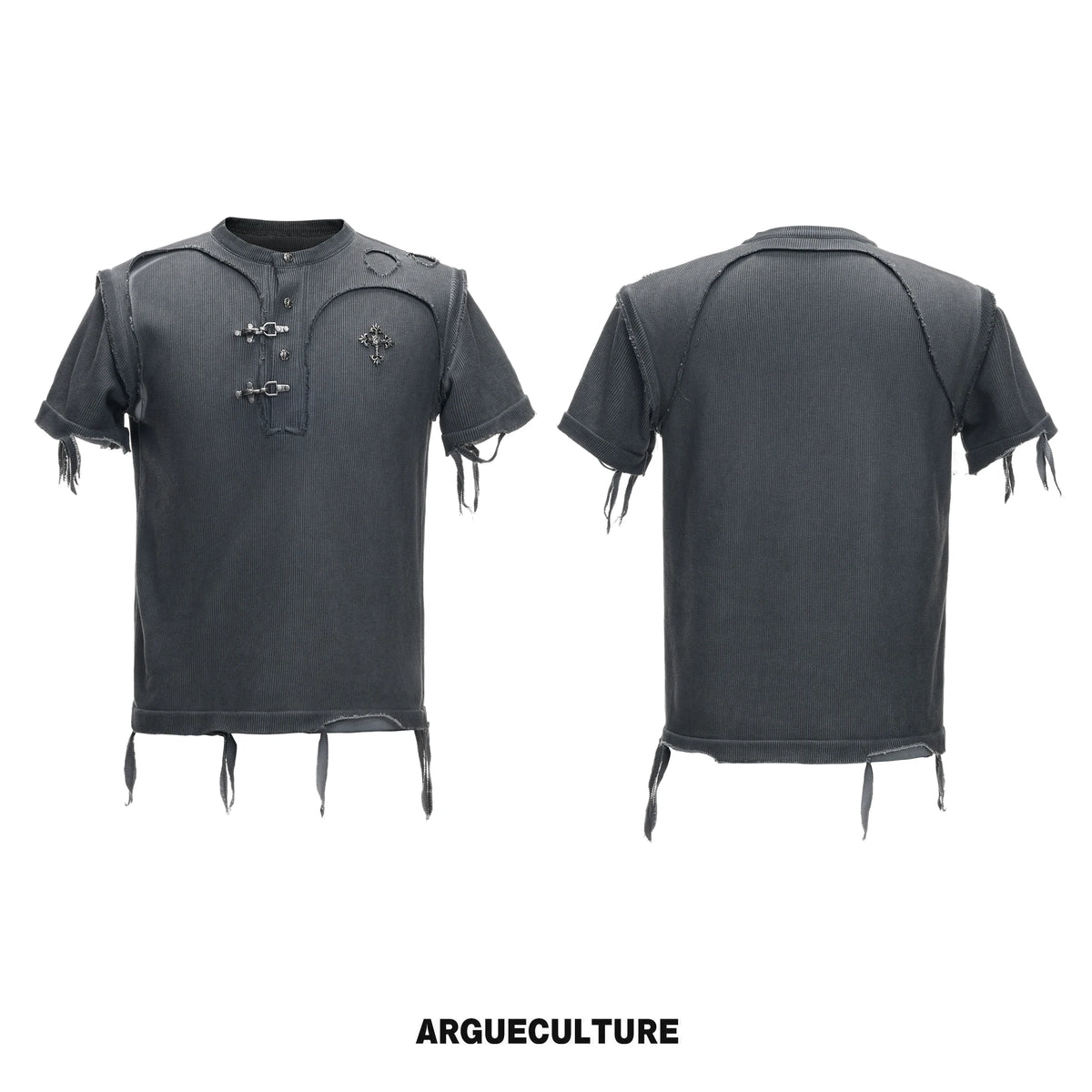 Distressed Ribbed Henley T-Shirt | Raw-Edge Unisex - Heather Gray