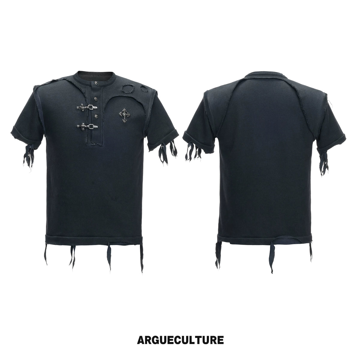 Distressed Ribbed Henley T-Shirt | Raw-Edge Unisex - Heather Black