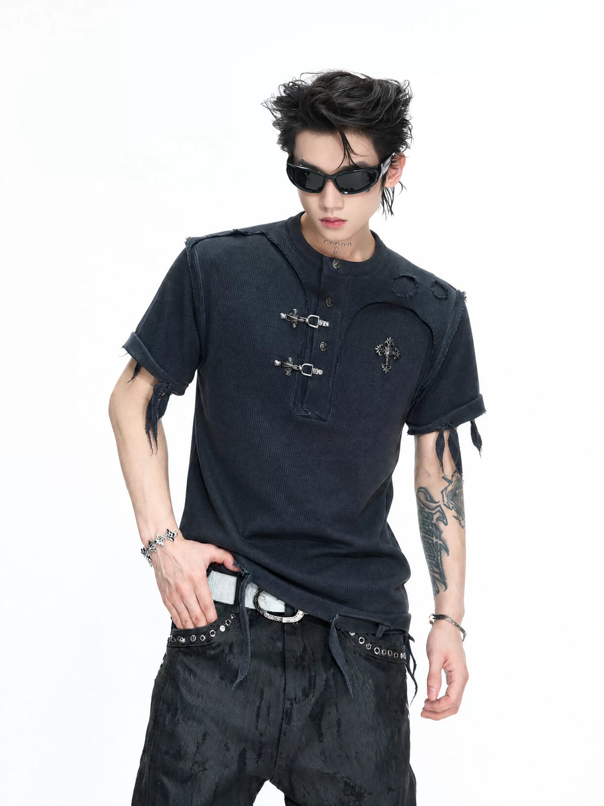 Distressed Ribbed Henley T-Shirt | Raw-Edge Unisex - main image 4
