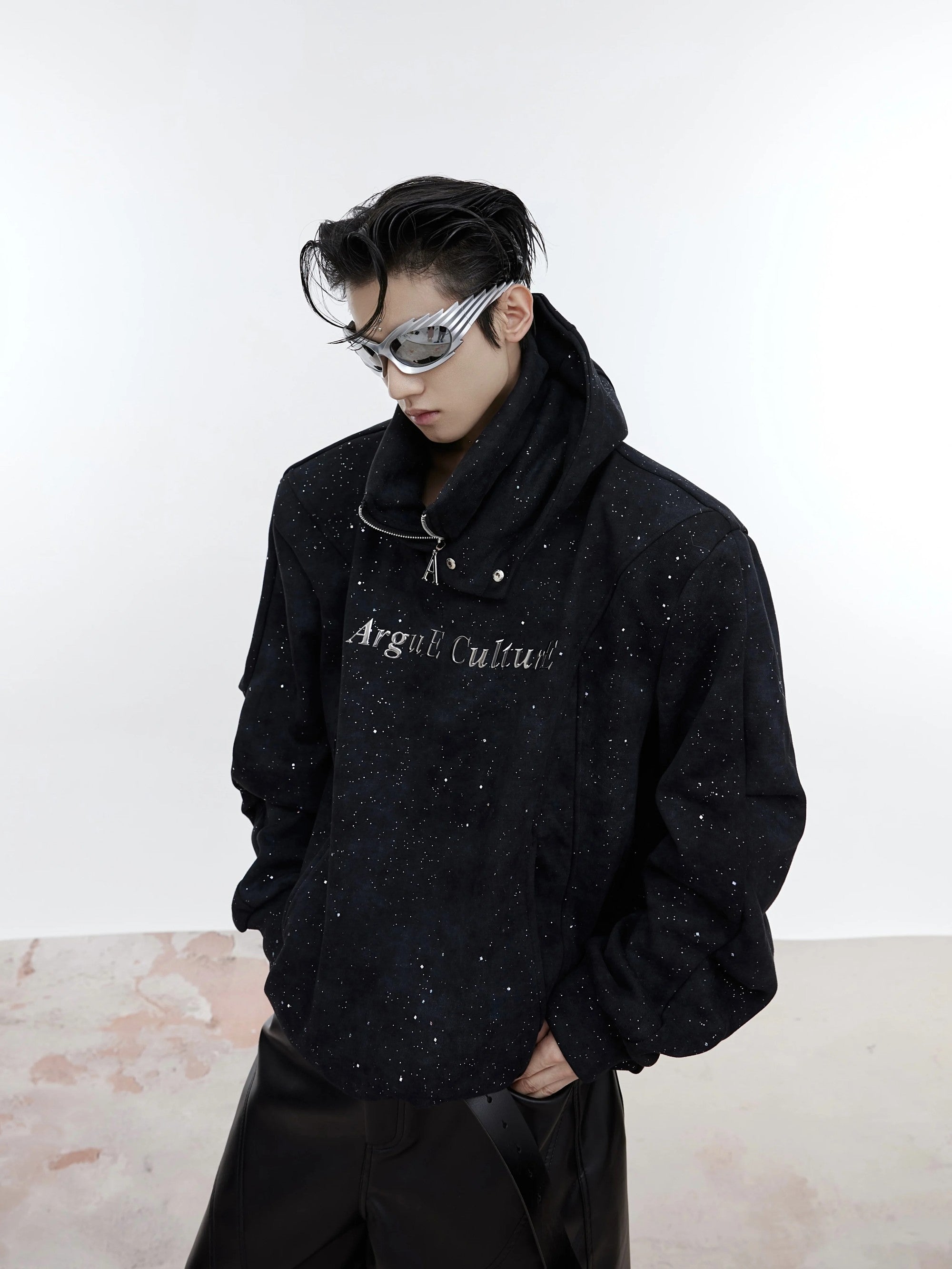 Front view of black distressed shimmer oversized hoodie with double layer collar