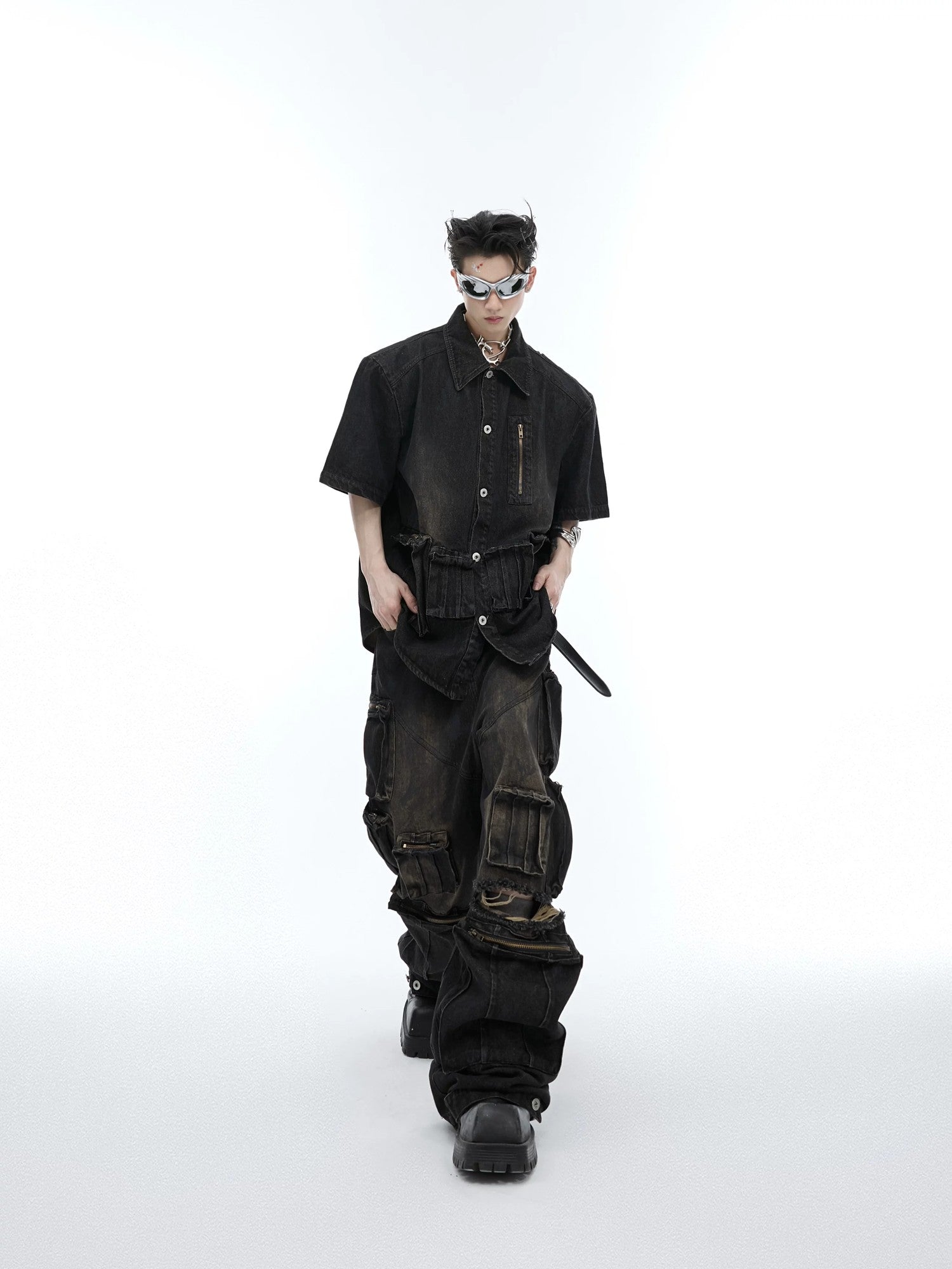 Model wearing a loose fit deconstructed denim jacket for summer