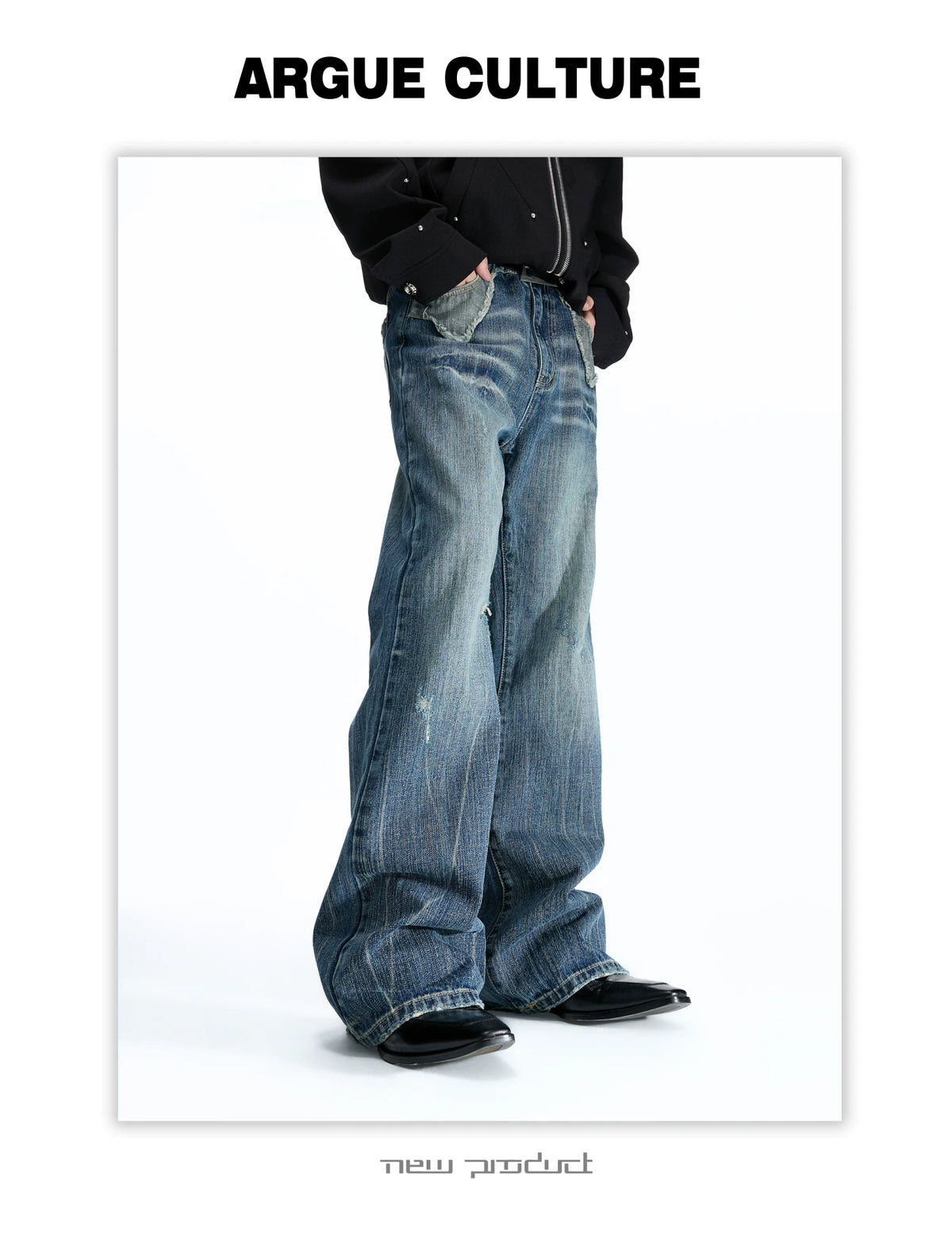 Distressed Slub Boot-Cut Jeans in Washed Dark Blue - detail image 11