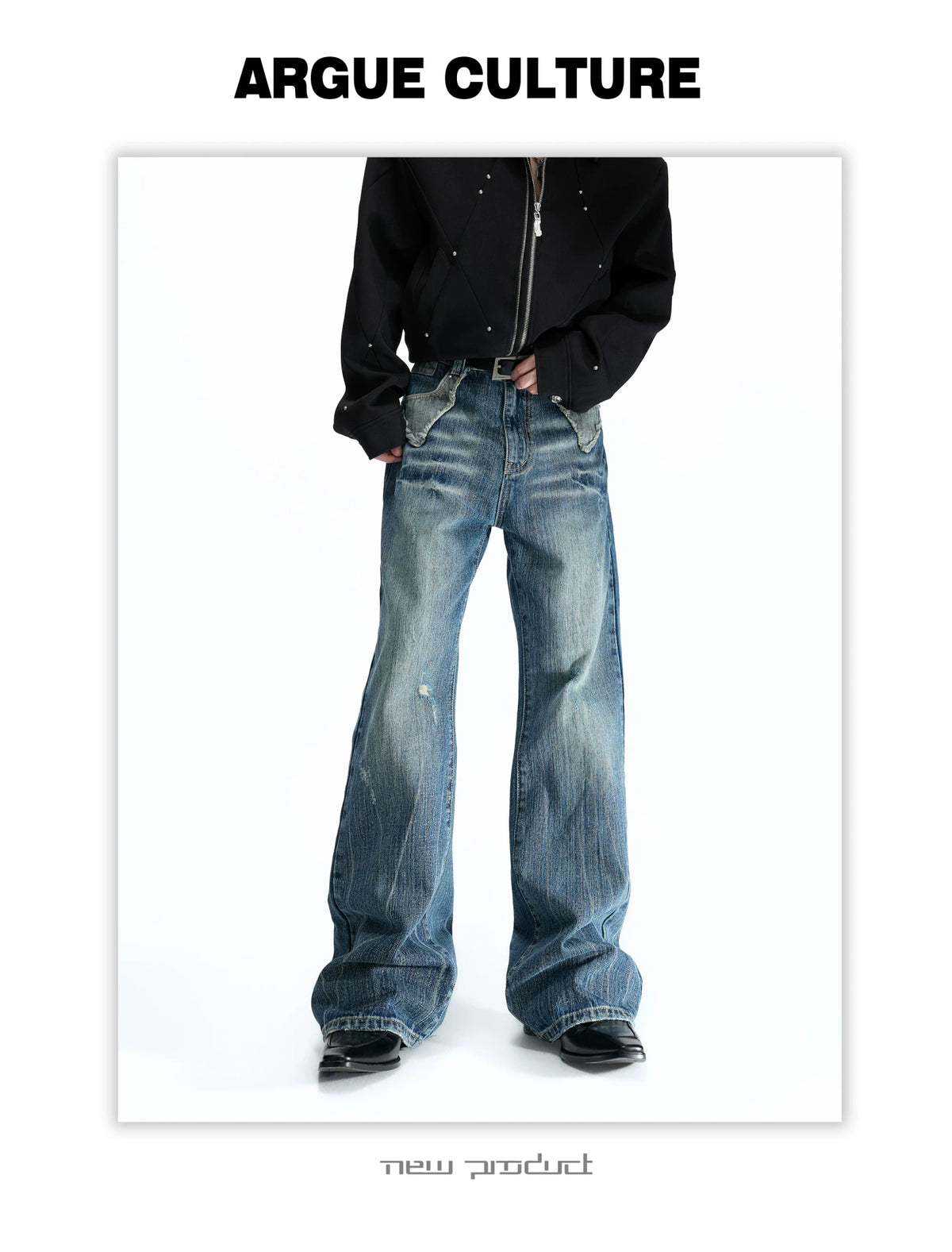 Distressed Slub Boot-Cut Jeans in Washed Dark Blue - detail image 9