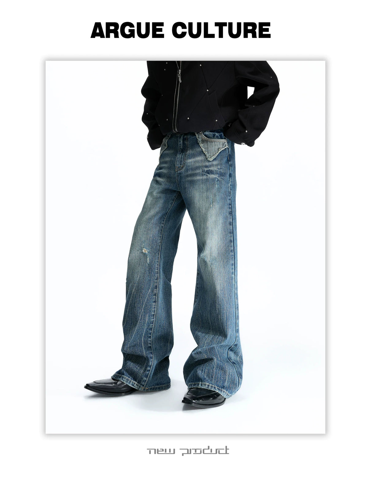 Distressed Slub Boot-Cut Jeans in Washed Dark Blue - detail image 8