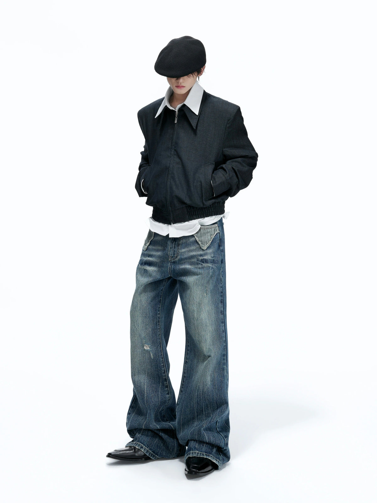 Distressed Slub Boot-Cut Jeans in Washed Dark Blue - main image 4