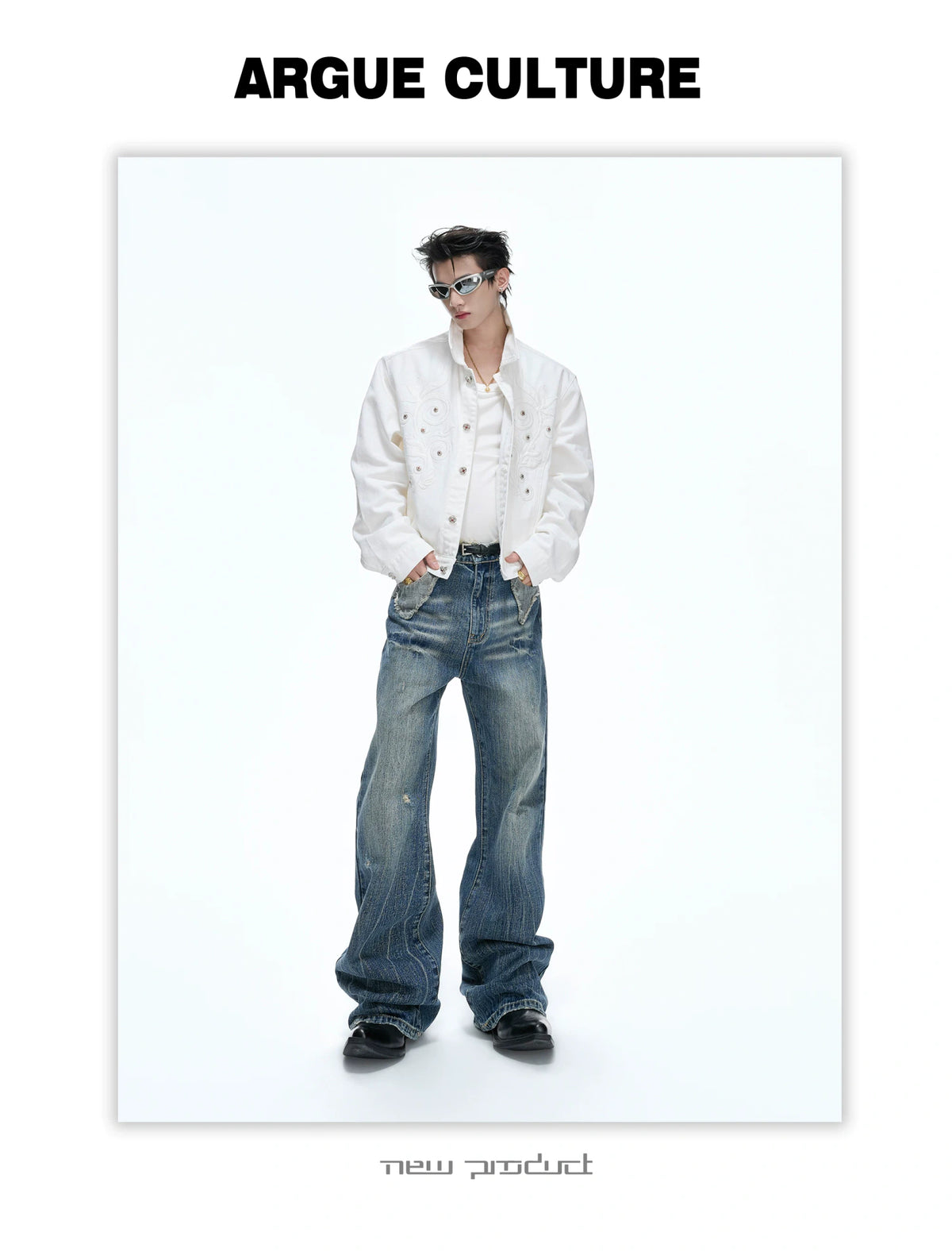 Distressed Slub Boot-Cut Jeans in Washed Dark Blue - detail image 6