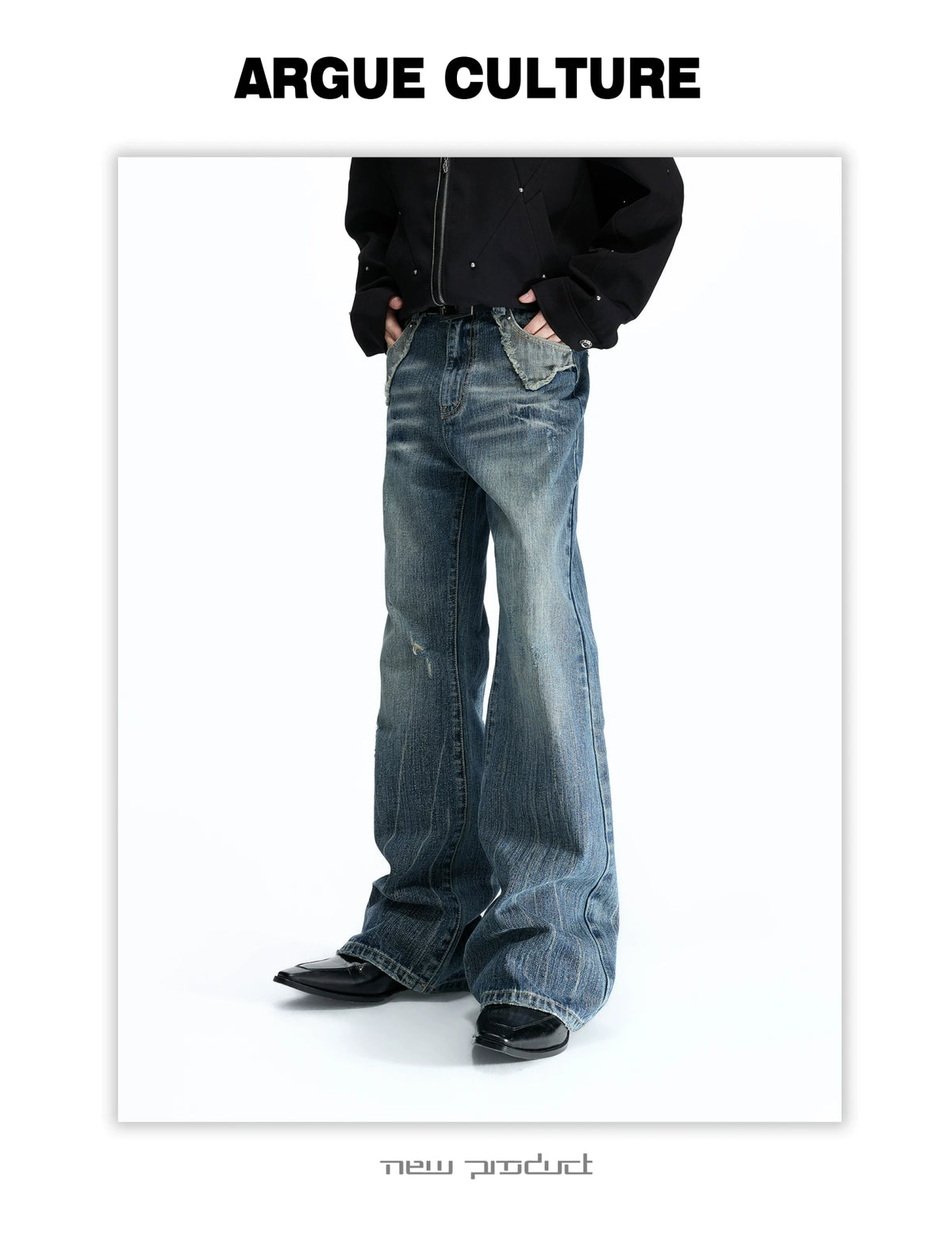 Distressed Slub Boot-Cut Jeans in Washed Dark Blue - detail image 7