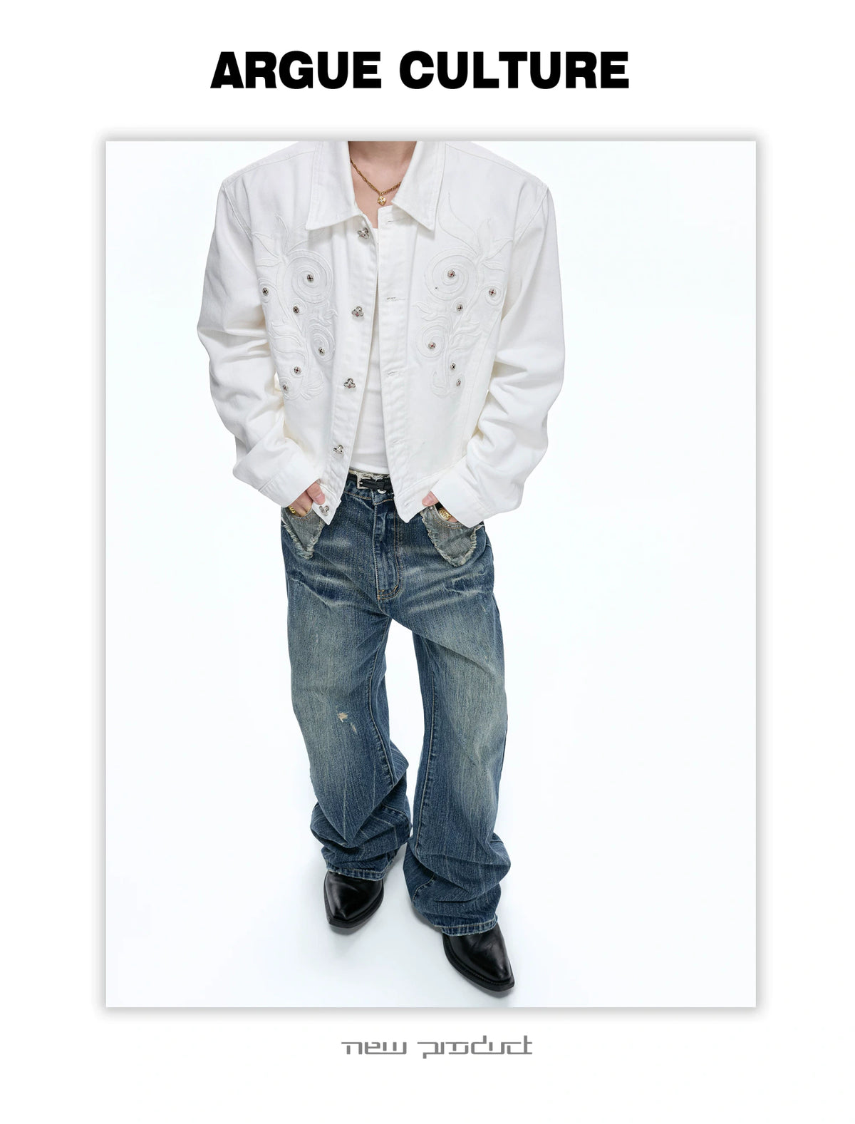 Distressed Slub Boot-Cut Jeans in Washed Dark Blue - detail image 14
