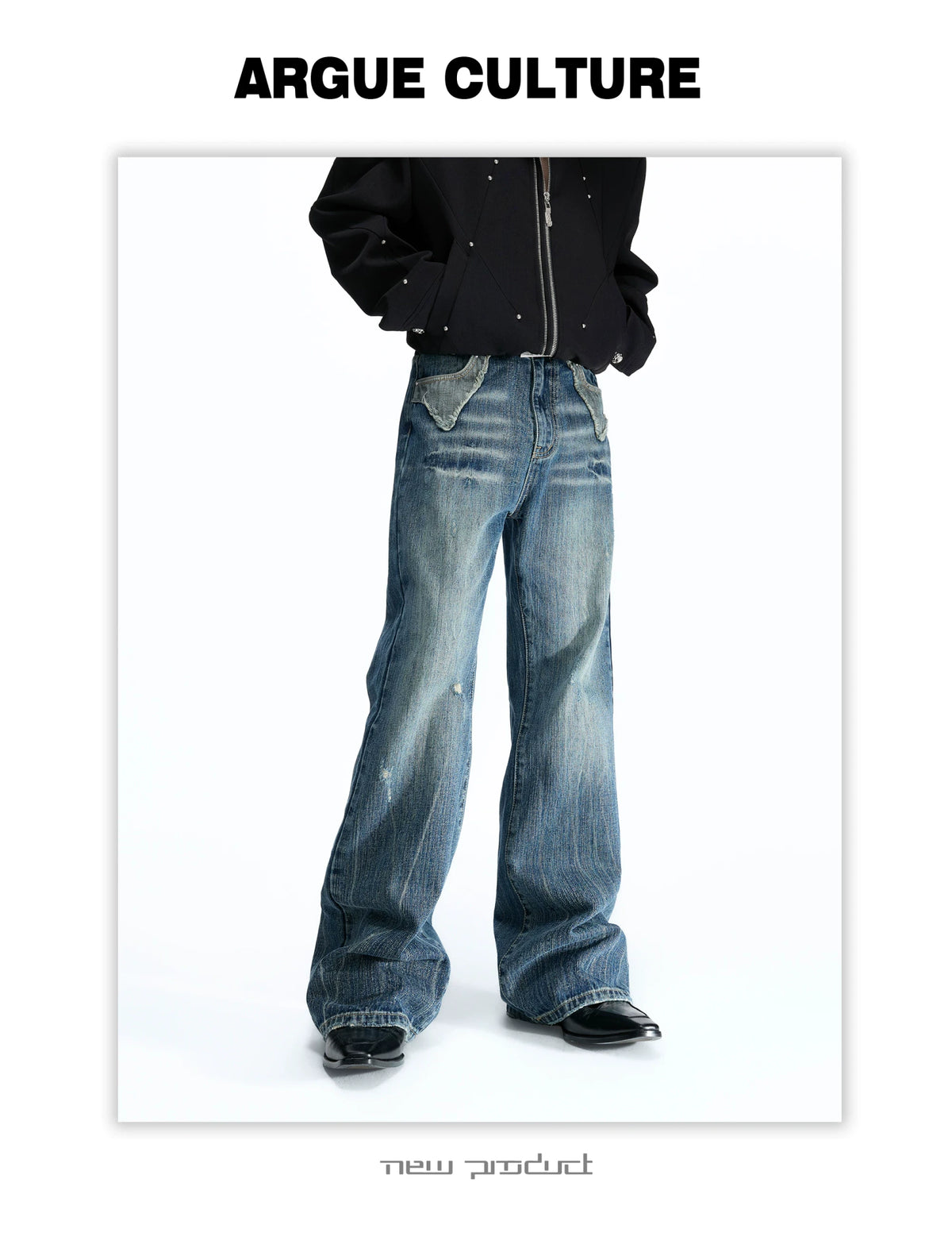 Distressed Slub Boot-Cut Jeans in Washed Dark Blue - detail image 15