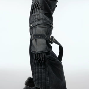 Detailed shot of the stone wash and pleated design on denim