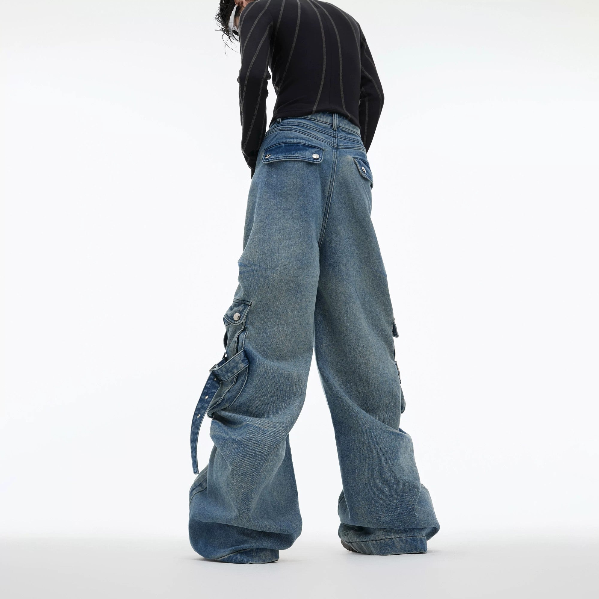 Back view of heavy-duty washed denim cargo pants
