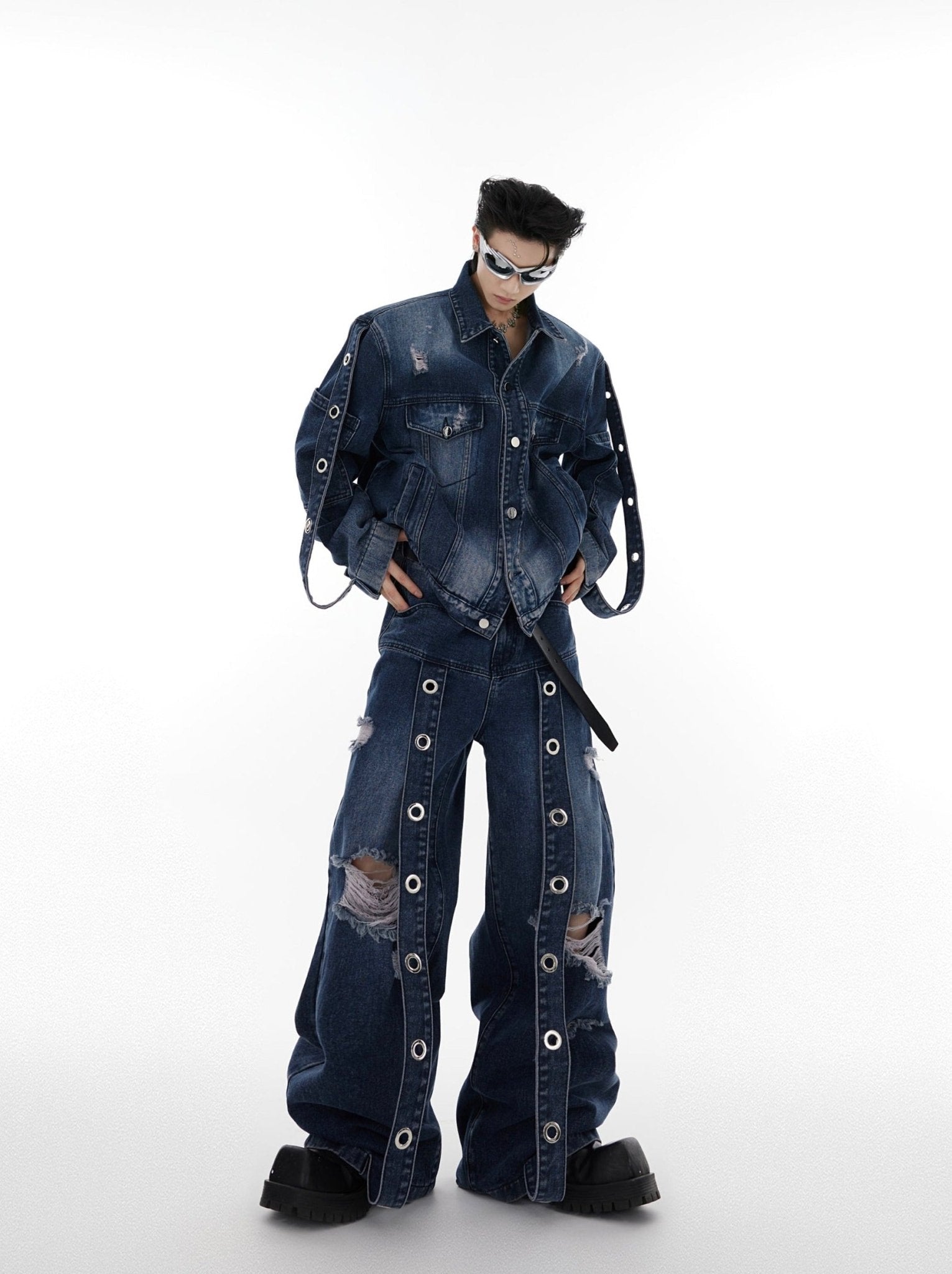 Distressed Wash Padded Shoulder Denim Jacket | Ribbon Patchwork Suit with Flared Pants - ArguE CulturE