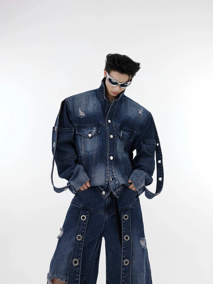 Distressed Wash Padded Shoulder Denim Jacket | Ribbon Patchwork Suit with Flared Pants - ArguE CulturE