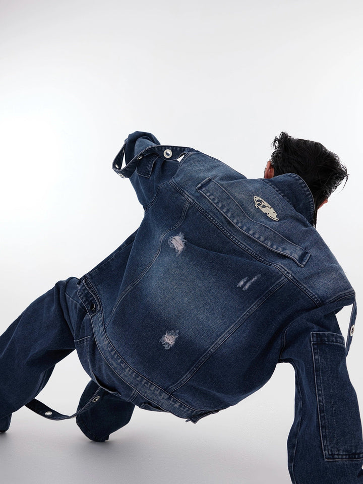 Distressed Wash Padded Shoulder Denim Jacket | Ribbon Patchwork Suit with Flared Pants - ArguE CulturE