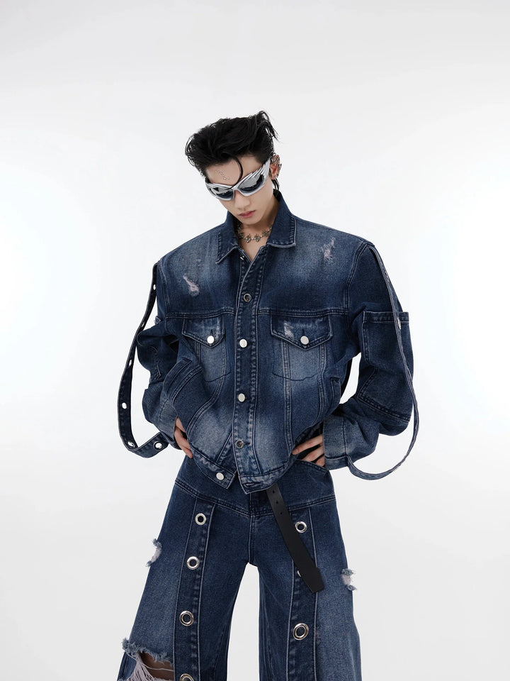 Distressed Wash Padded Shoulder Denim Jacket | Ribbon Patchwork Suit with Flared Pants - ArguE CulturE