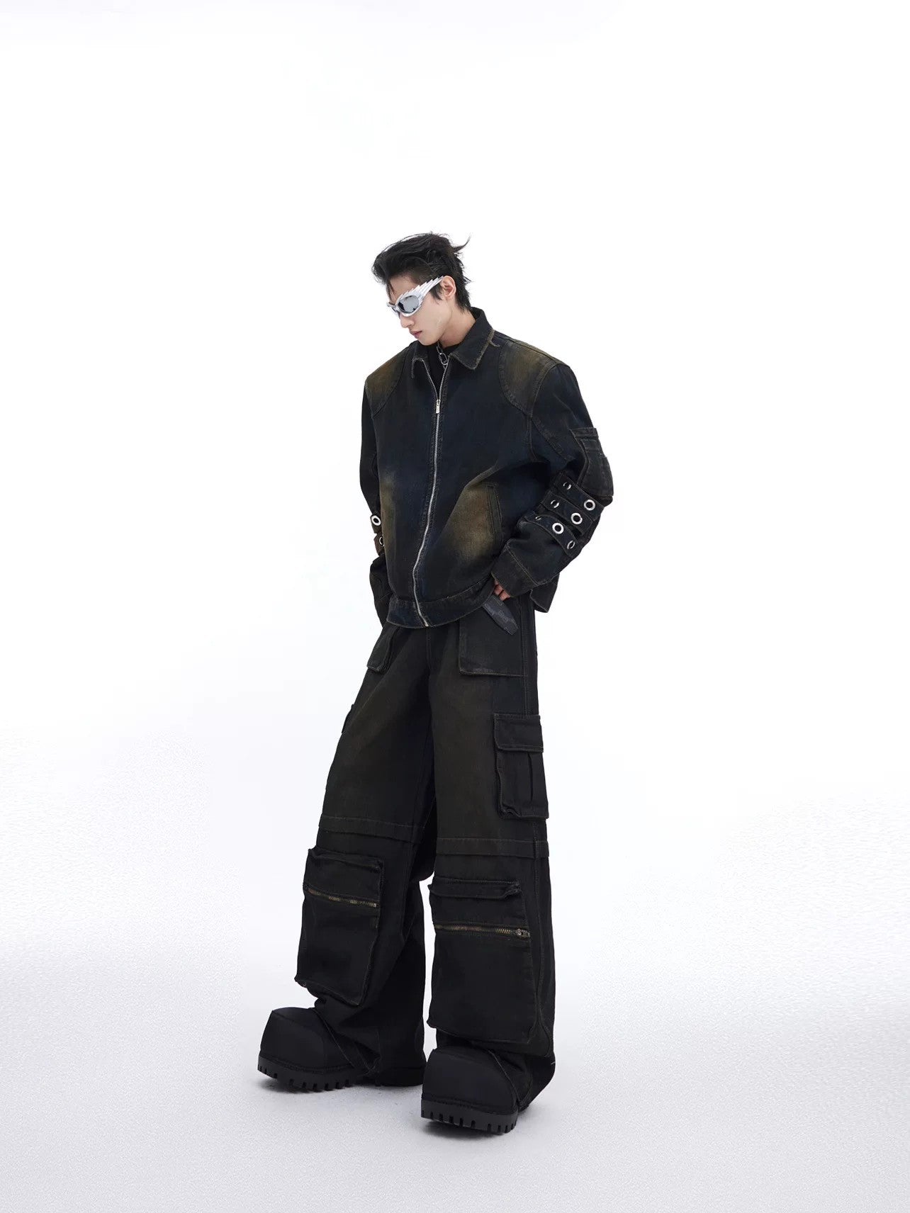 Distressed denim wasteland jacket and cargo pants set front view