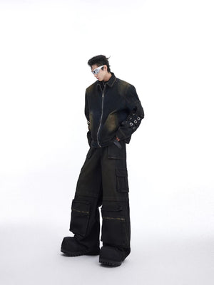 Distressed denim wasteland jacket and cargo pants set front view