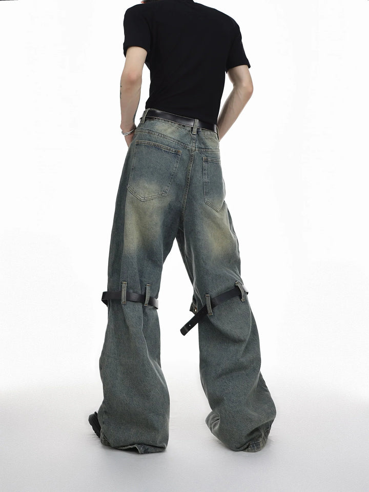 Distressed Wide - Leg High - Waist Jeans with Cut Out - Belt Spliced - ArguE CulturE