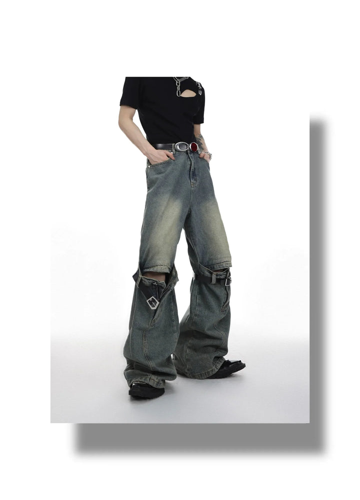 Distressed Wide - Leg High - Waist Jeans with Cut Out - Belt Spliced - ArguE CulturE