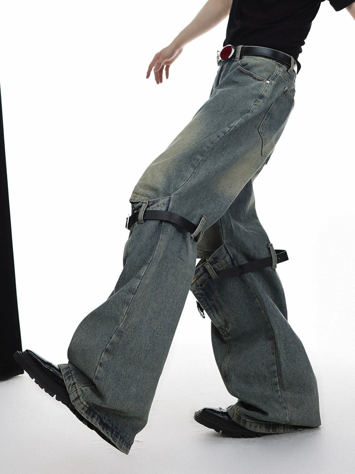 Distressed Wide - Leg High - Waist Jeans with Cut Out - Belt Spliced - ArguE CulturE