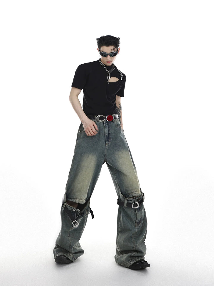 Distressed Wide - Leg High - Waist Jeans with Cut Out - Belt Spliced - ArguE CulturE