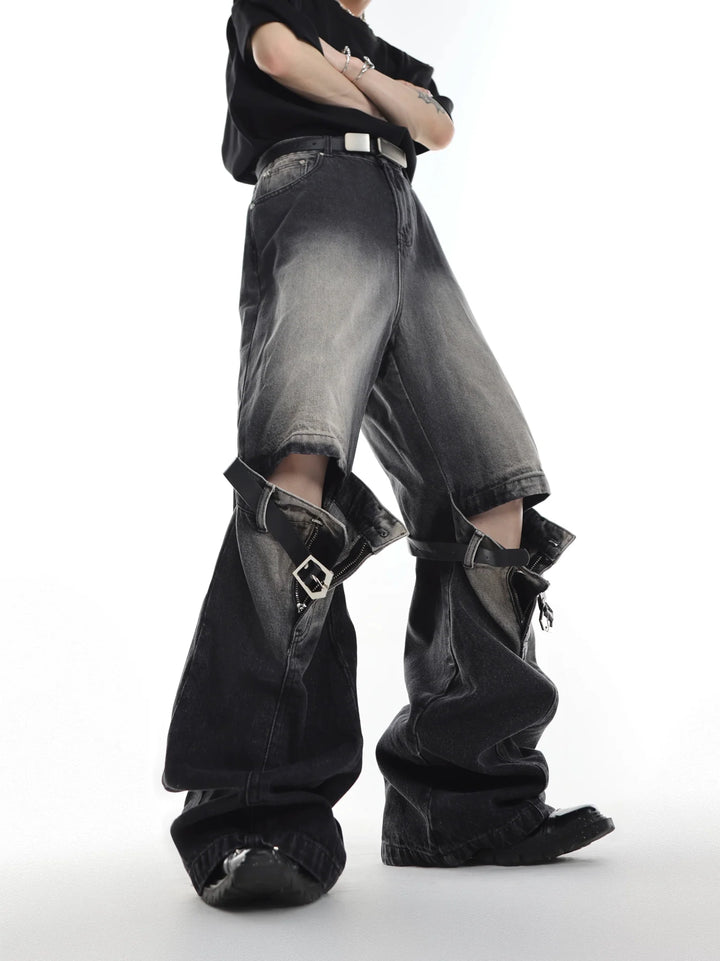 Distressed Wide - Leg High - Waist Jeans with Cut Out - Belt Spliced - ArguE CulturE