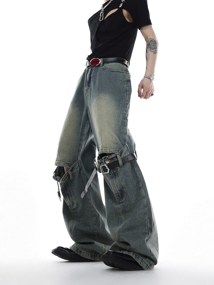 Distressed Wide - Leg High - Waist Jeans with Cut Out - Belt Spliced - ArguE CulturE