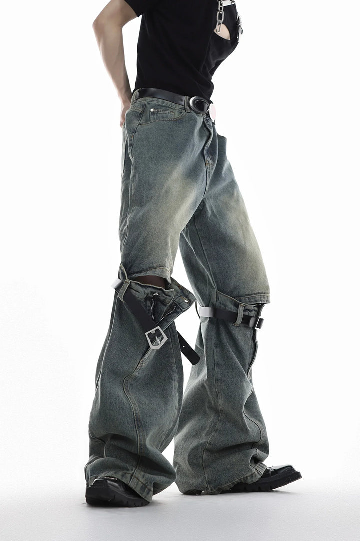 Distressed Wide - Leg High - Waist Jeans with Cut Out - Belt Spliced - ArguE CulturE