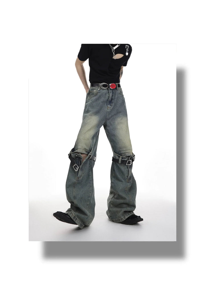 Distressed Wide - Leg High - Waist Jeans with Cut Out - Belt Spliced - ArguE CulturE