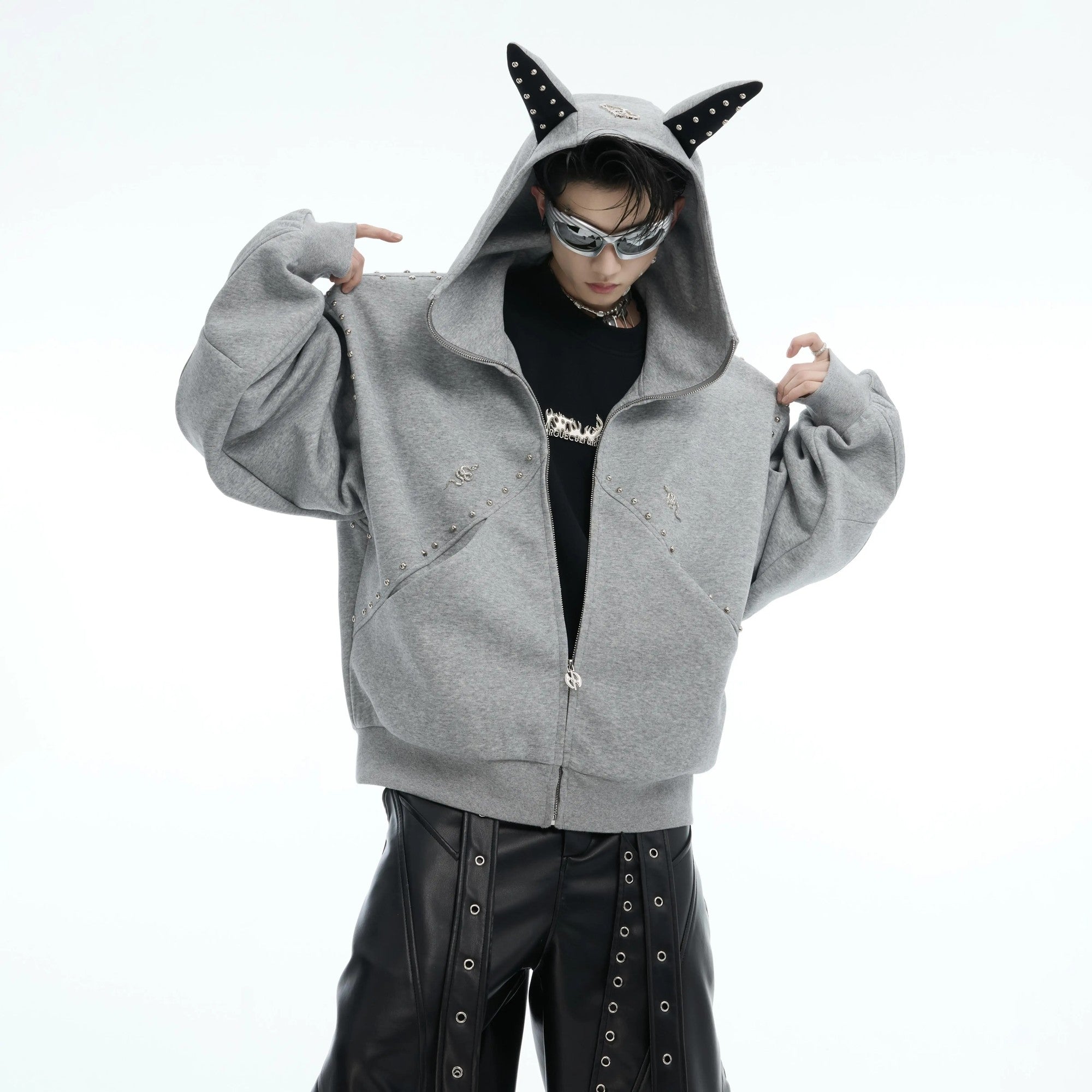 Black streetwear zip-up hoodie with Doberman ear design and metal studs