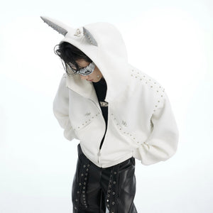 Gray oversized hoodie with metal rivet details and wing stitching