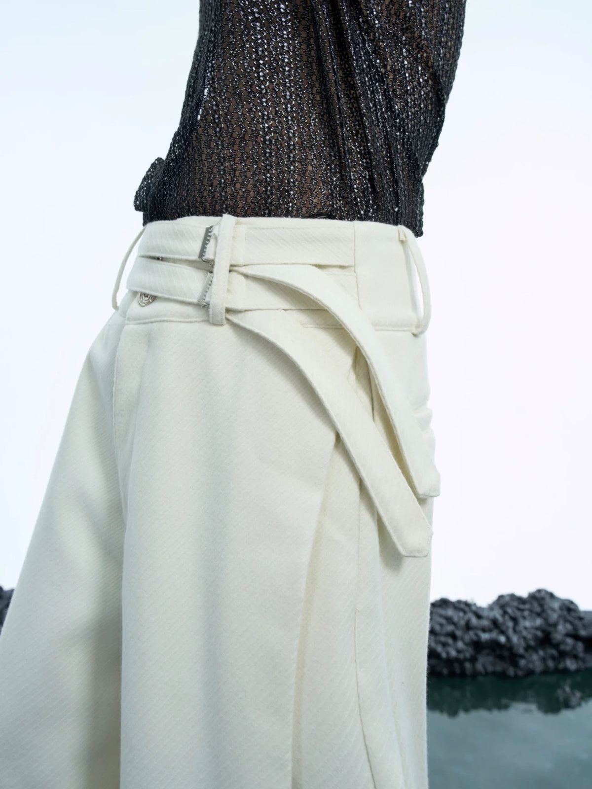 Double-Belt Wide-Leg Trousers in Black or Beige - main image 3