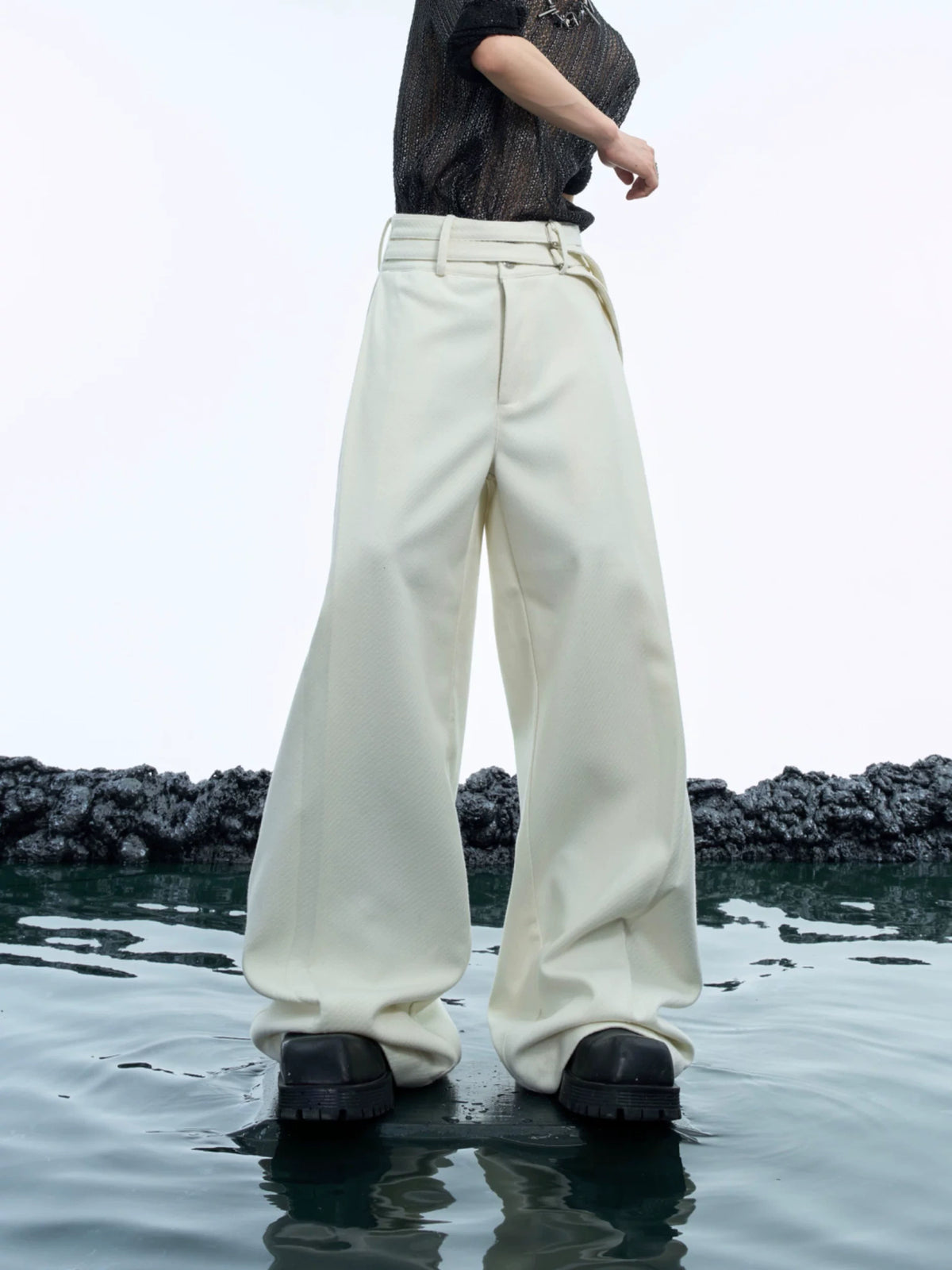 Double-Belt Wide-Leg Trousers in Black or Beige - main image 1