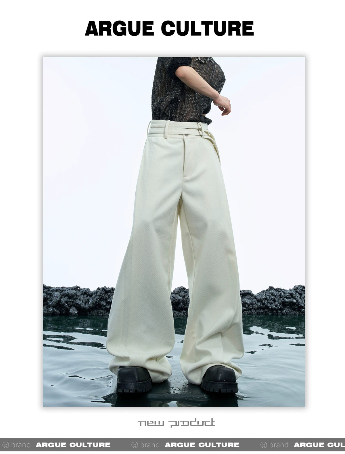 Double-Belt Wide-Leg Trousers in Black or Beige - detail image 6