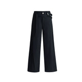 Double-Belt Wide-Leg Trousers in Black or Beige - Black Pants