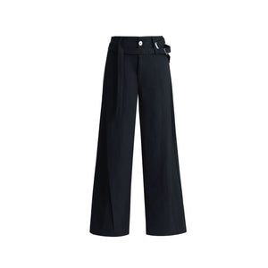 Double-Belt Wide-Leg Trousers in Black or Beige - Black Pants