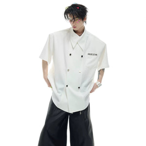 Black streetwear short sleeve shirt with double-breasted button detail