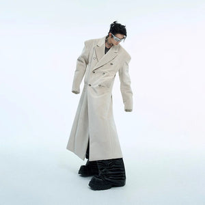Back view of the structural oversized silhouette of the woolen trench