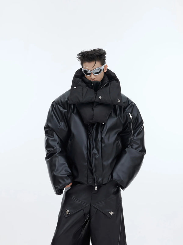 Double Collar Puffer Jacket with Faux Leather Detailing | Innovative Layered Design - ArguE CulturE