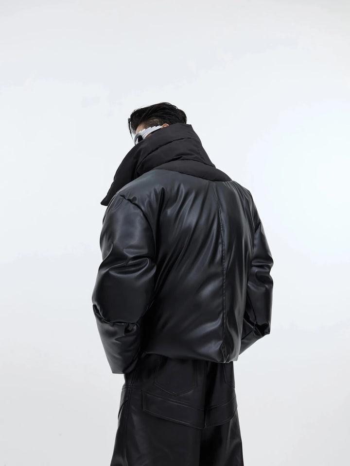 Double Collar Puffer Jacket with Faux Leather Detailing | Innovative Layered Design - ArguE CulturE