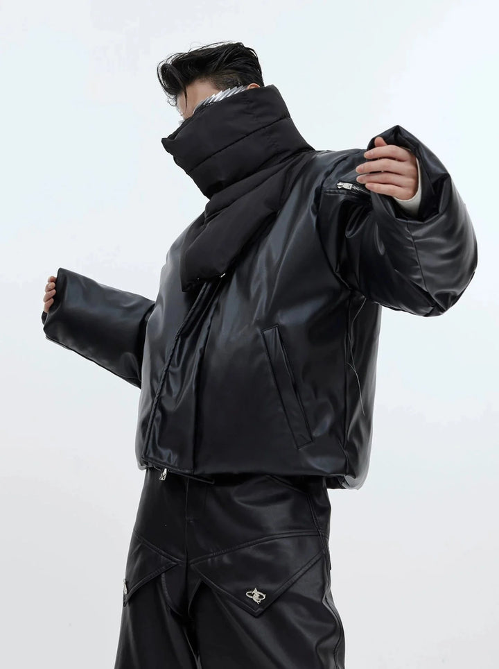 Double Collar Puffer Jacket with Faux Leather Detailing | Innovative Layered Design - ArguE CulturE