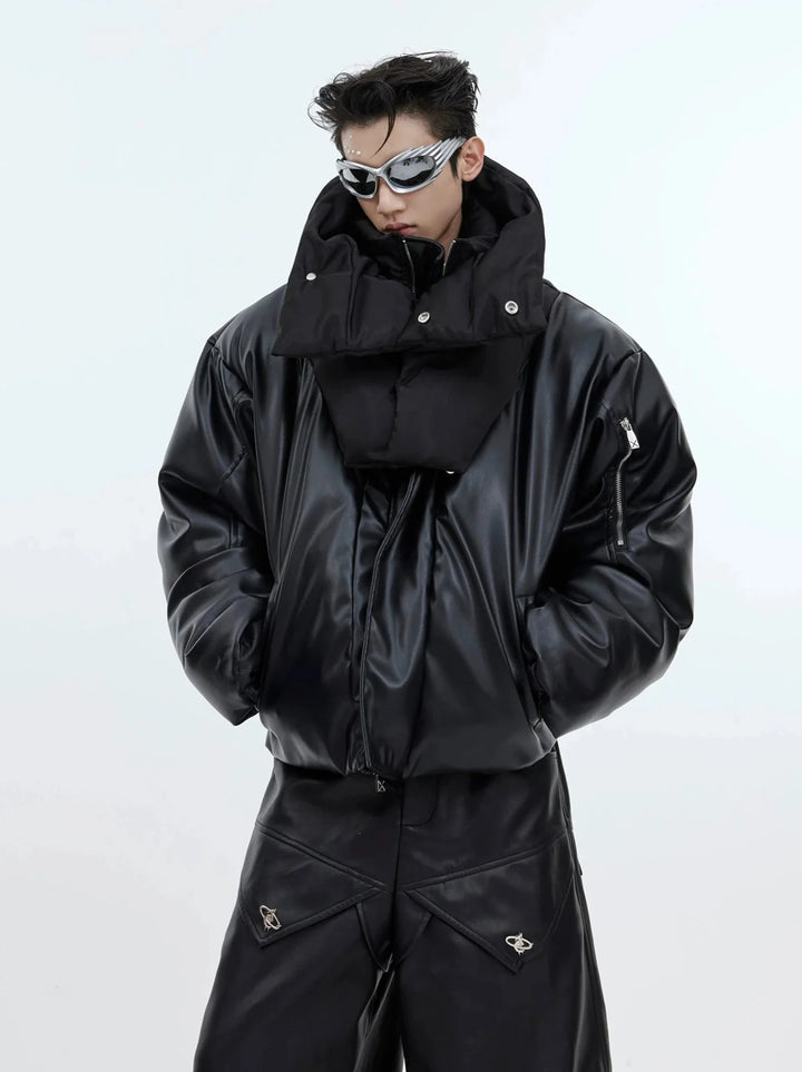 Double Collar Puffer Jacket with Faux Leather Detailing | Innovative Layered Design - ArguE CulturE