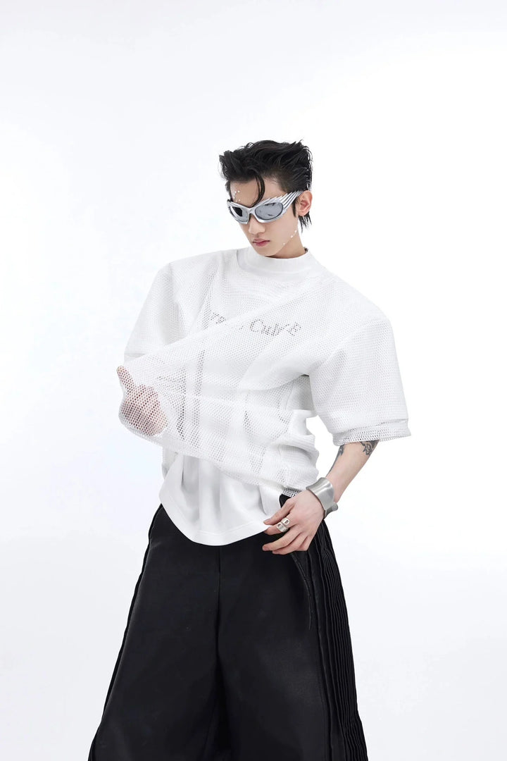 Double Layer Mesh Spliced Shoulder Pad T - Shirt with Metallic Accents - ArguE CulturE