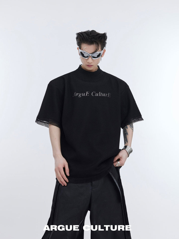 Double Layer Mesh Spliced Shoulder Pad T - Shirt with Metallic Accents - ArguE CulturE