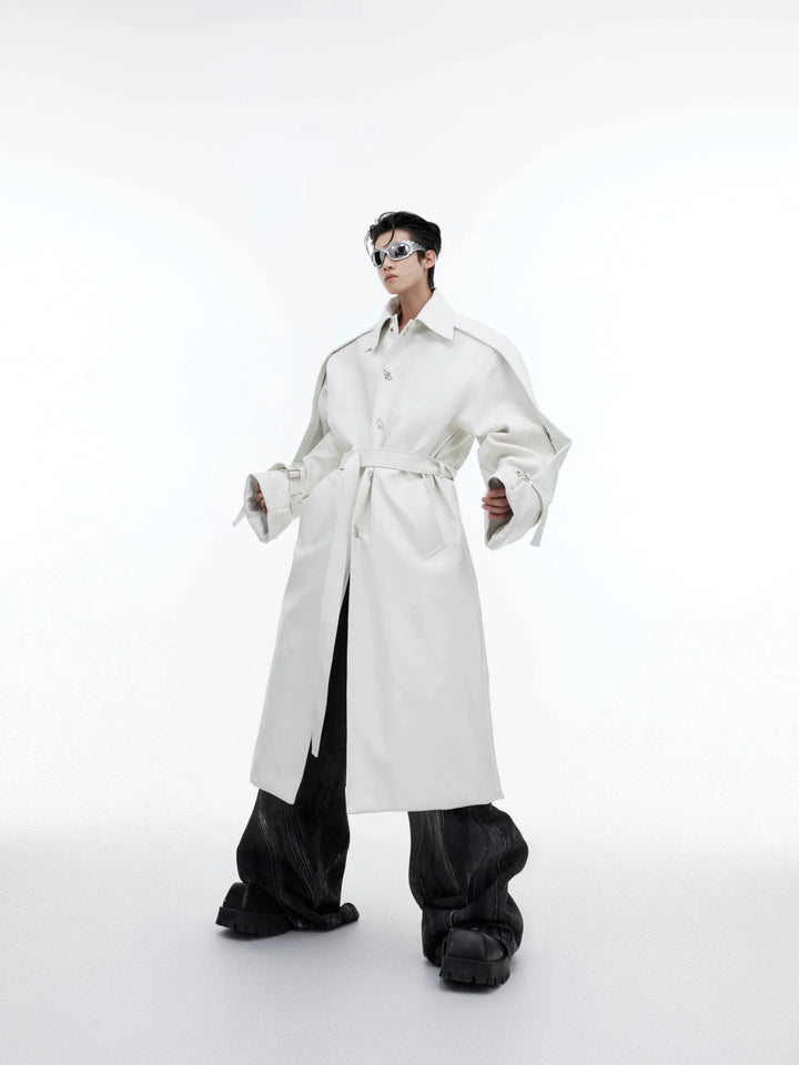 Double - Layered Faux Leather Coat with Metallic Buttons | Over - Knee Trench Coat - ArguE CulturE