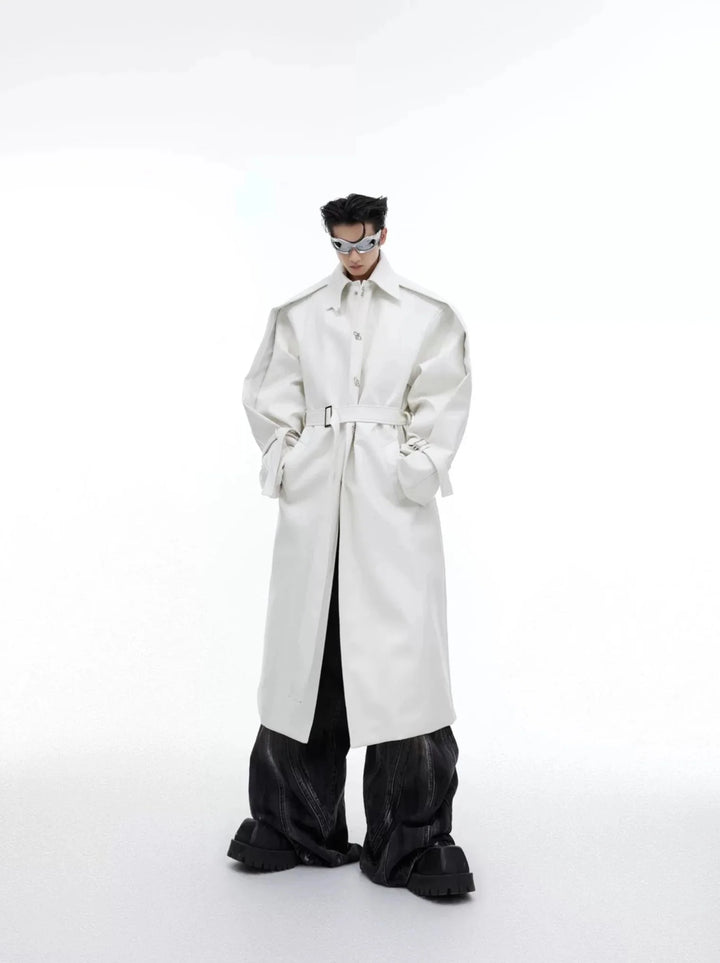 Double - Layered Faux Leather Coat with Metallic Buttons | Over - Knee Trench Coat - ArguE CulturE