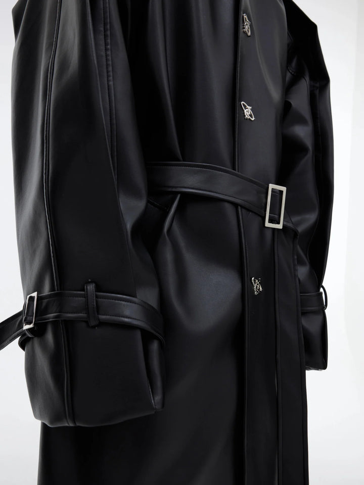 Double - Layered Faux Leather Coat with Metallic Buttons | Over - Knee Trench Coat - ArguE CulturE