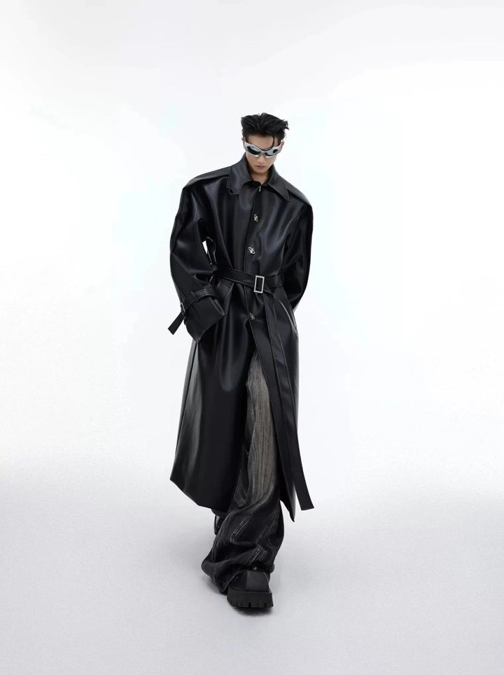 Double - Layered Faux Leather Coat with Metallic Buttons | Over - Knee Trench Coat - ArguE CulturE