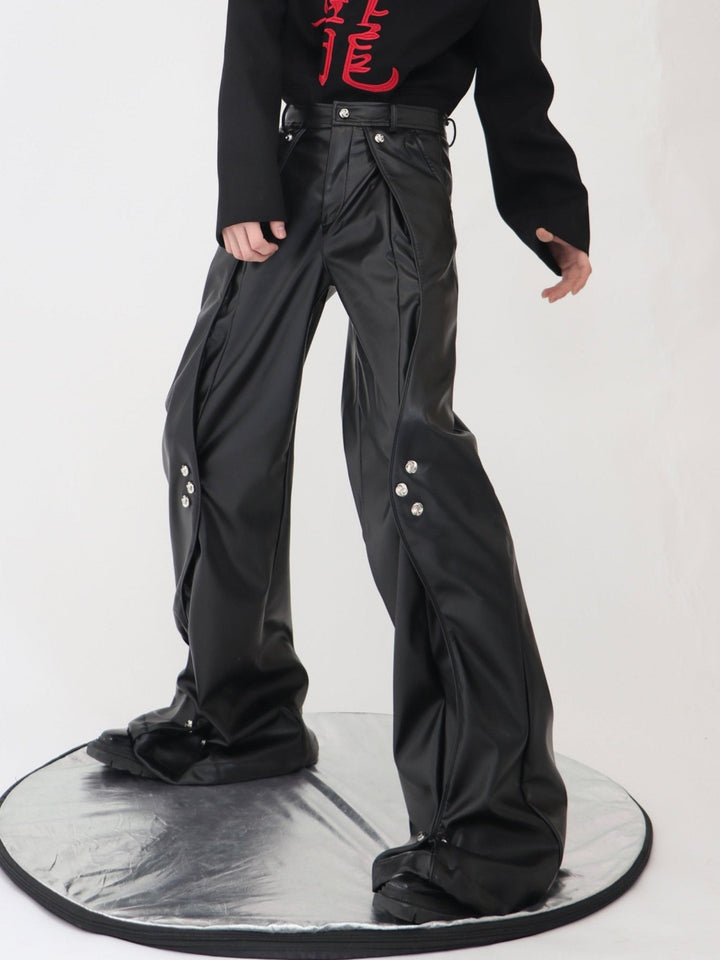 Double - Layered Faux Leather Pants | Metal Button Loose Trousers - ArguE CulturE