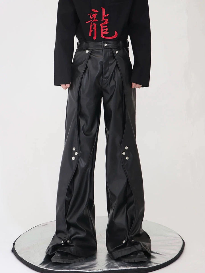 Double - Layered Faux Leather Pants | Metal Button Loose Trousers - ArguE CulturE